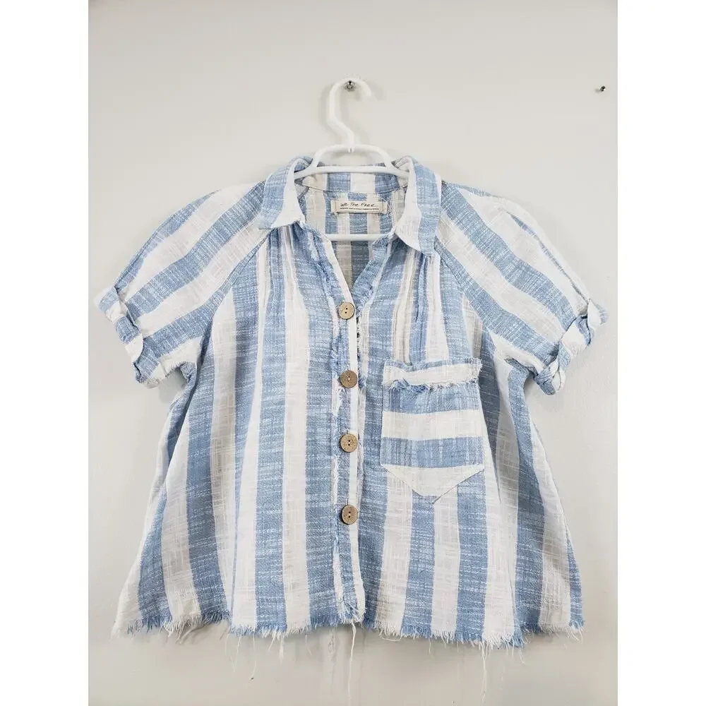 Free People We The Free Away at Sea Womens Top Size M Linen Blend Striped